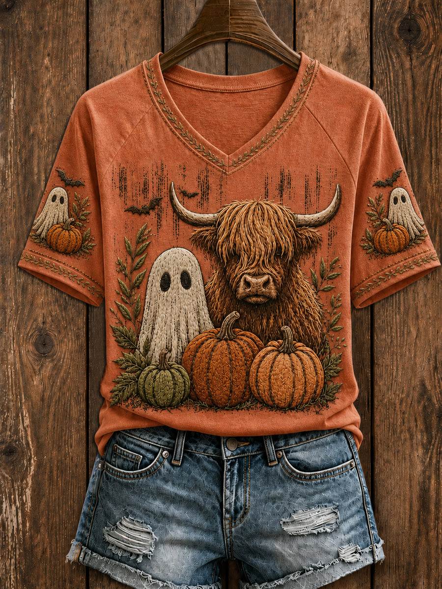 Women's Retro Autumn Highland Cow Pumpkin Ghost  Short Sleeve T-shirt