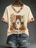 Women's Cozy Ghost Fall Mentally I'm Here V-neck Short Sleeve T-shirt