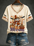 Women's Cozy Autumn Halloween Fall O Ween Ghost  V-neck Short Sleeve T-shirt
