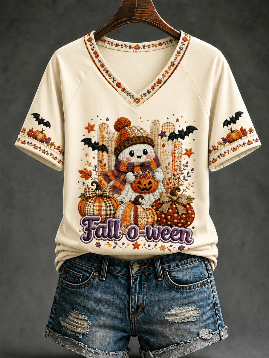Women's Cozy Autumn Halloween Fall O Ween Ghost  V-neck Short Sleeve T-shirt