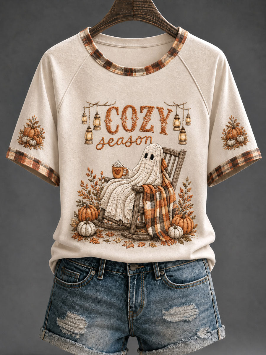 Women's Cozy Season Ghost Pumpkin Spice O-neck Short Sleeve T-shirt