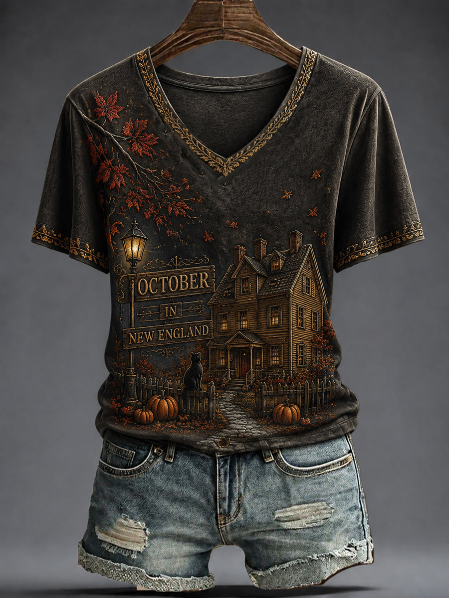 Women's OCTOBER IN NEW ENGLAND Printed V-neck T-shirt