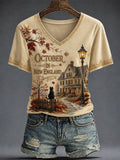 Women's OCTOBER IN NEW ENGLAND Printed V-neck T-shirt