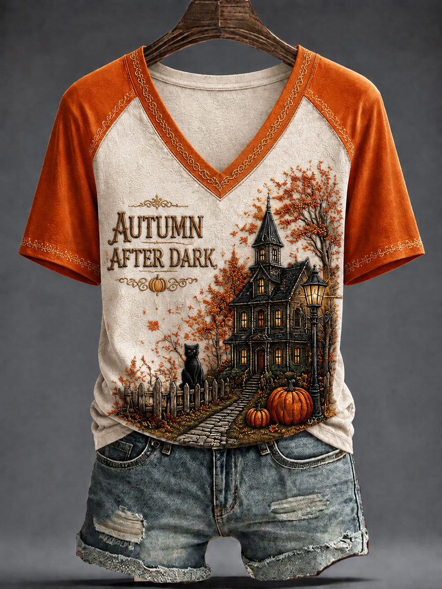 Women's AUTUMN AFTER DARK Printed V-neck T-shirt