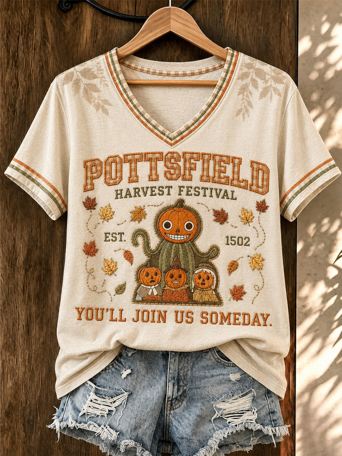 Women's Pottsfield Harvest Festival 1502 You'll Join Us Someday Printed V-neck T-shirt