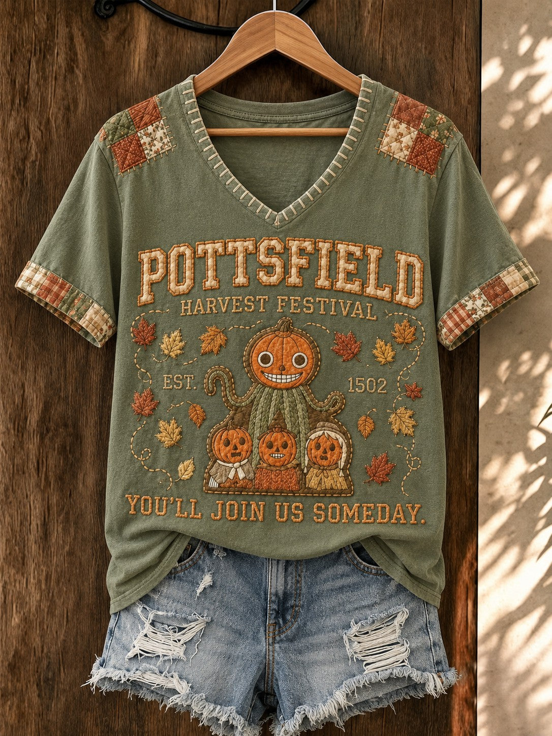 Women's Pottsfield Harvest Festival 1502 You'll Join Us Someday Printed V-neck T-shirt