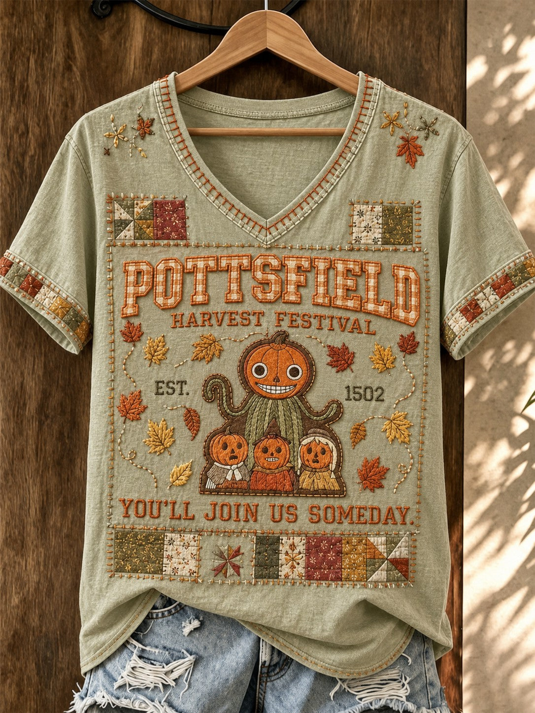 Women's Pottsfield Harvest Festival 1502 You'll Join Us Someday Printed V-neck T-shirt