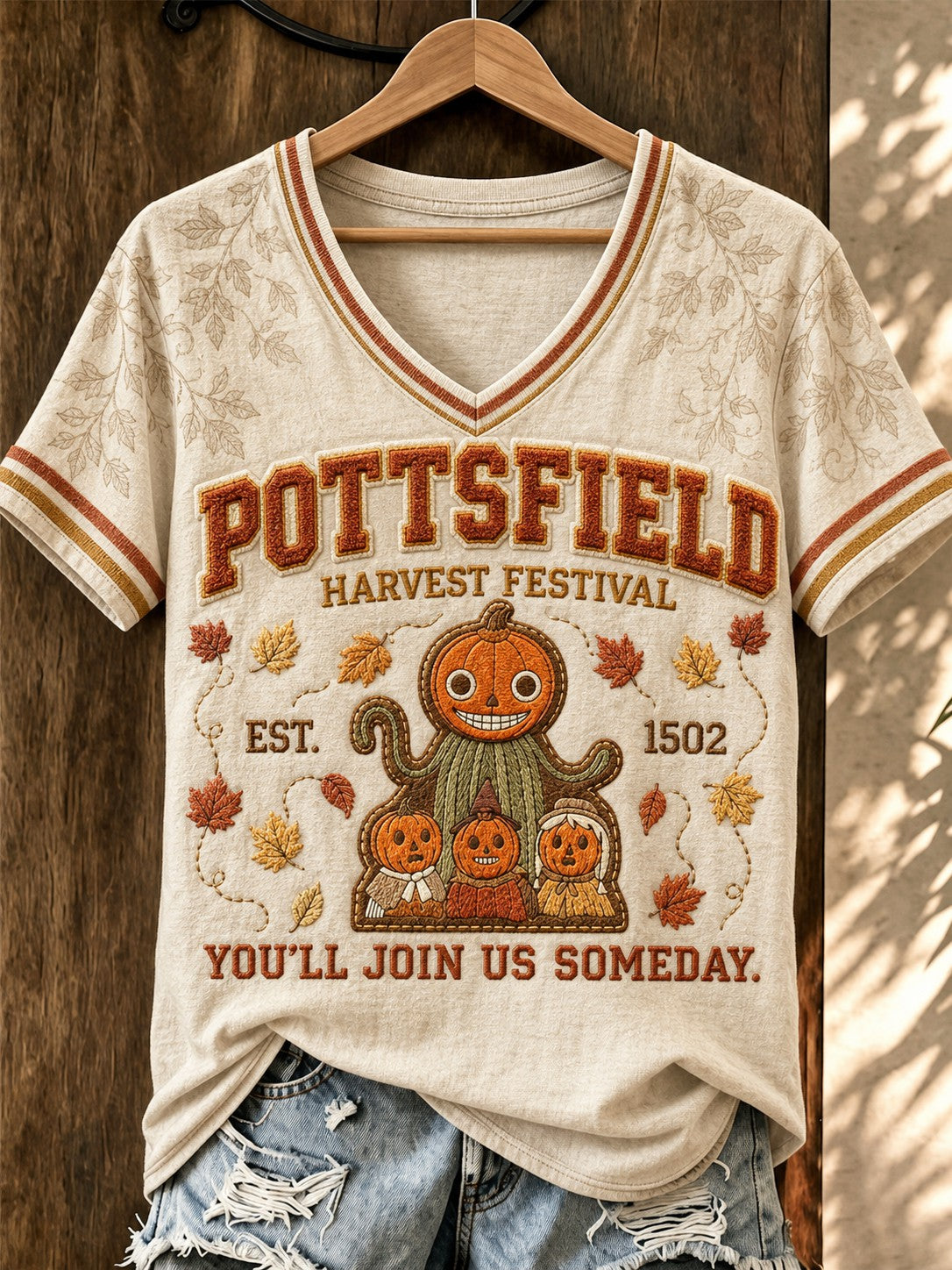 Women's Pottsfield Harvest Festival 1502 You'll Join Us Someday Printed V-neck T-shirt