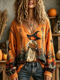 Women's Halloween pumpkin pattern retro casual cotton-linen shirt