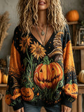 Women's Halloween pumpkin pattern retro casual cotton-linen shirt
