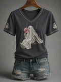Women's Fall Season Halloween Ghost Print Casual V-Neck Tee