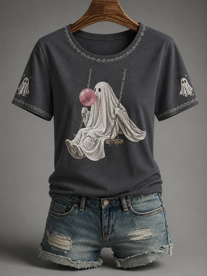 Women's Fall Season Halloween Ghost Print Casual Tee