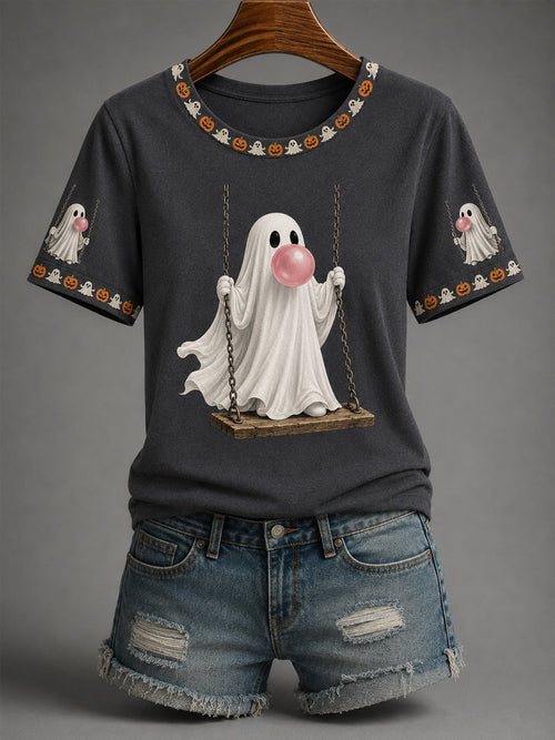 Women’s Fall Halloween Cute Bubble Gum Ghost on Swing Print Casual Tee