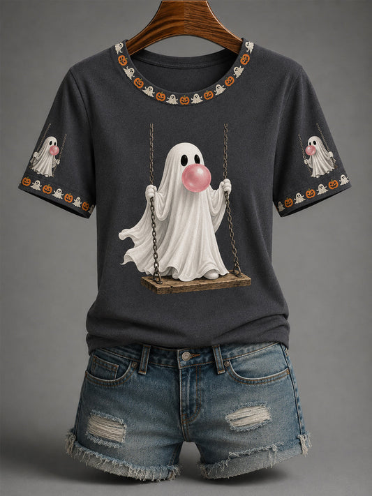 Women’s Fall Halloween Cute Bubble Gum Ghost on Swing Print Casual Tee