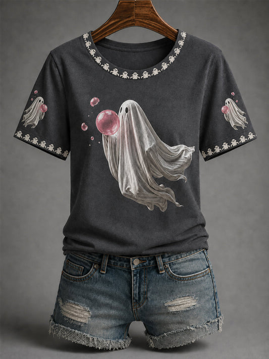 Women’s Fall Halloween Cute Bubble Gum Ghost Print Casual Tee