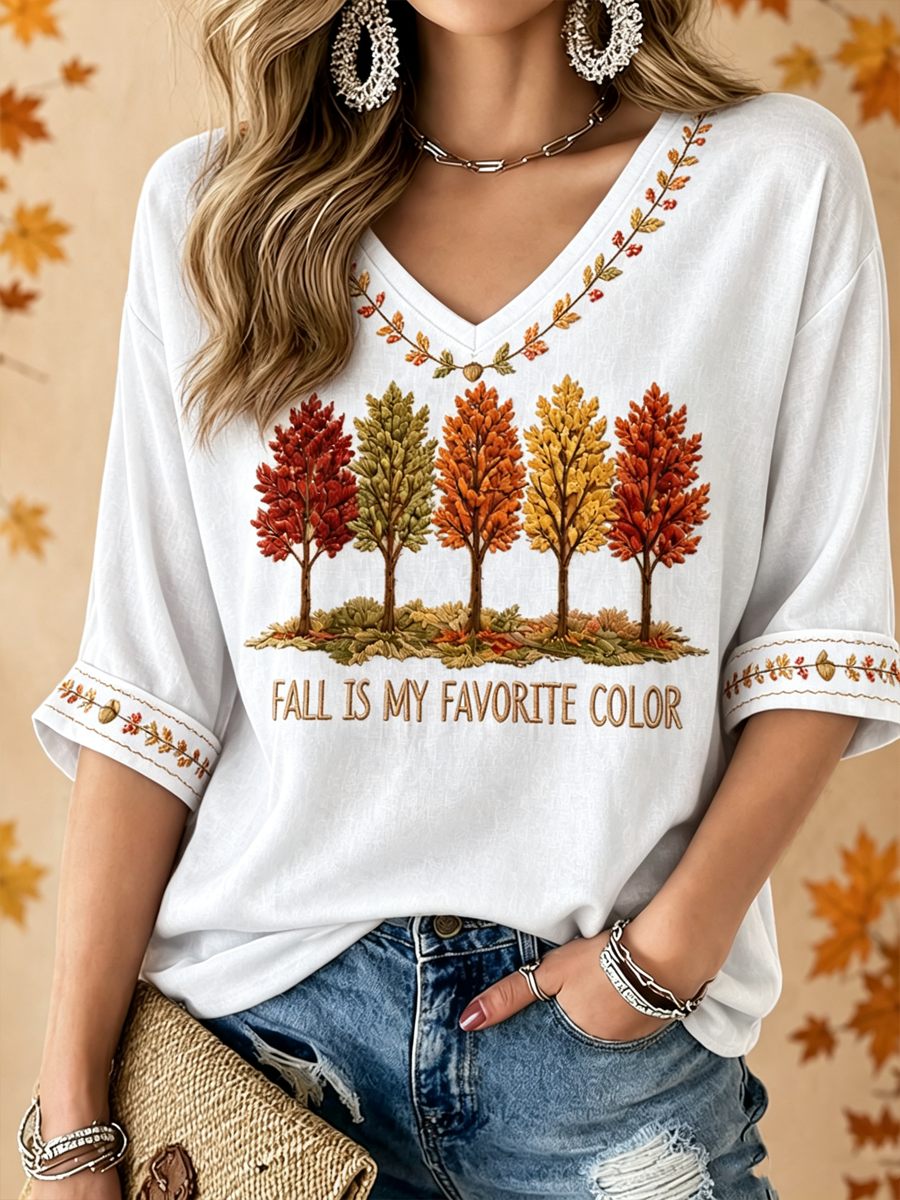 Women's Fall Is My Favorite Color Printed Mid-length Sleeves V-Neck T-Shirt