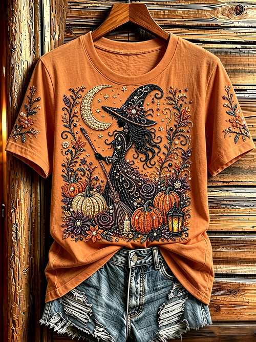 Women's Halloween Bead Witch And Pumpkins Art Print Short-sleeved T-shirt