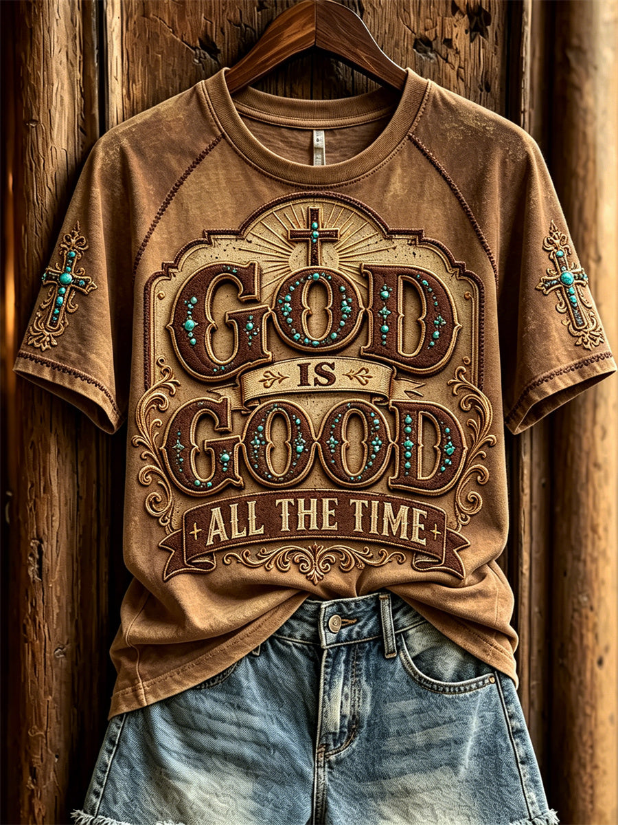 Women's God Is Good All the Time Turquoise Cross Western Print short sleeve T-shirt