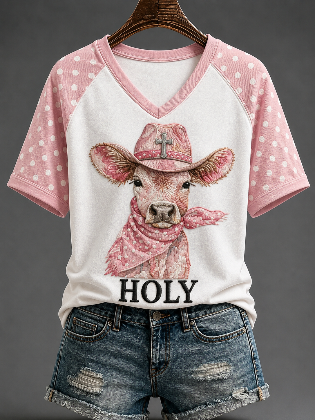 Women's Holy V-neck Off-shoulder Short-sleeved T-shirt