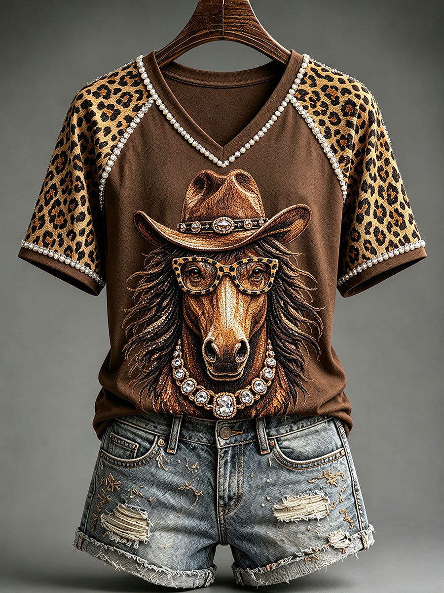 Women's Fun Western Horse V-Neck T-Shirts