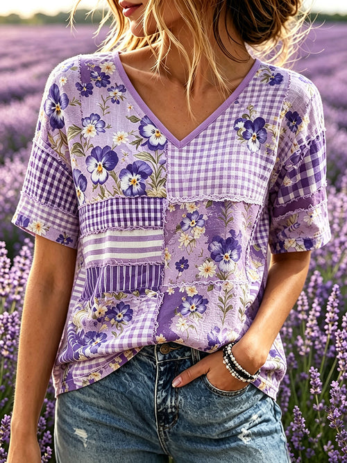 Women's Alzheimer's Awareness Support Patchwork Art Print Linen Short-sleeved T-shirt