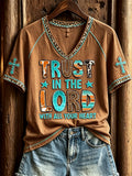 Women's Trust in the Lord with All Your Heart Turquoise Cross Leopard Western Print short sleeve T-shirt