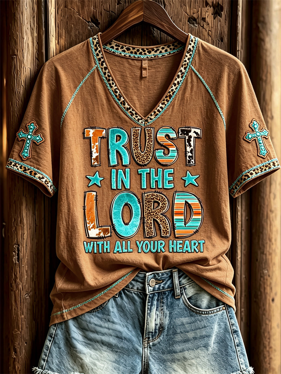 Women's Trust in the Lord with All Your Heart Turquoise Cross Leopard Western Print short sleeve T-shirt