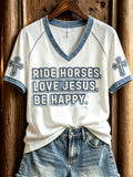 Women's Ride Horses Love Jesus Be Happy Cross Denim Print short sleeve T-shirt