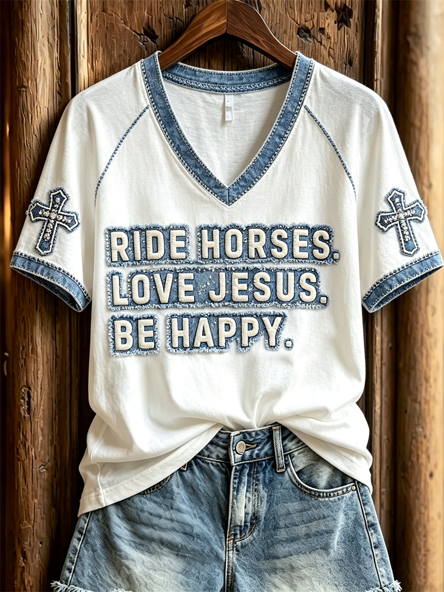 Women's Ride Horses Love Jesus Be Happy Cross Denim Print short sleeve T-shirt