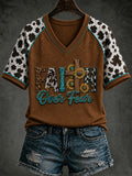 Women's Retro Western Christian Faith Over Fear Cross V-neck Short Sleeve T-shirt