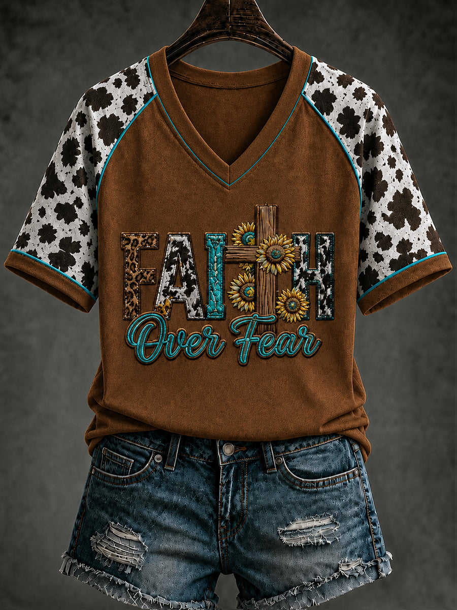 Women's Retro Western Christian Faith Over Fear Cross V-neck Short Sleeve T-shirt