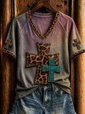 Women's Retro Western Christian Cross V-neck Short Sleeve T-shirt
