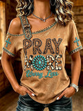 Women's Pray More Worry Less Turquoise Western Print Off Shoulder T-shirt