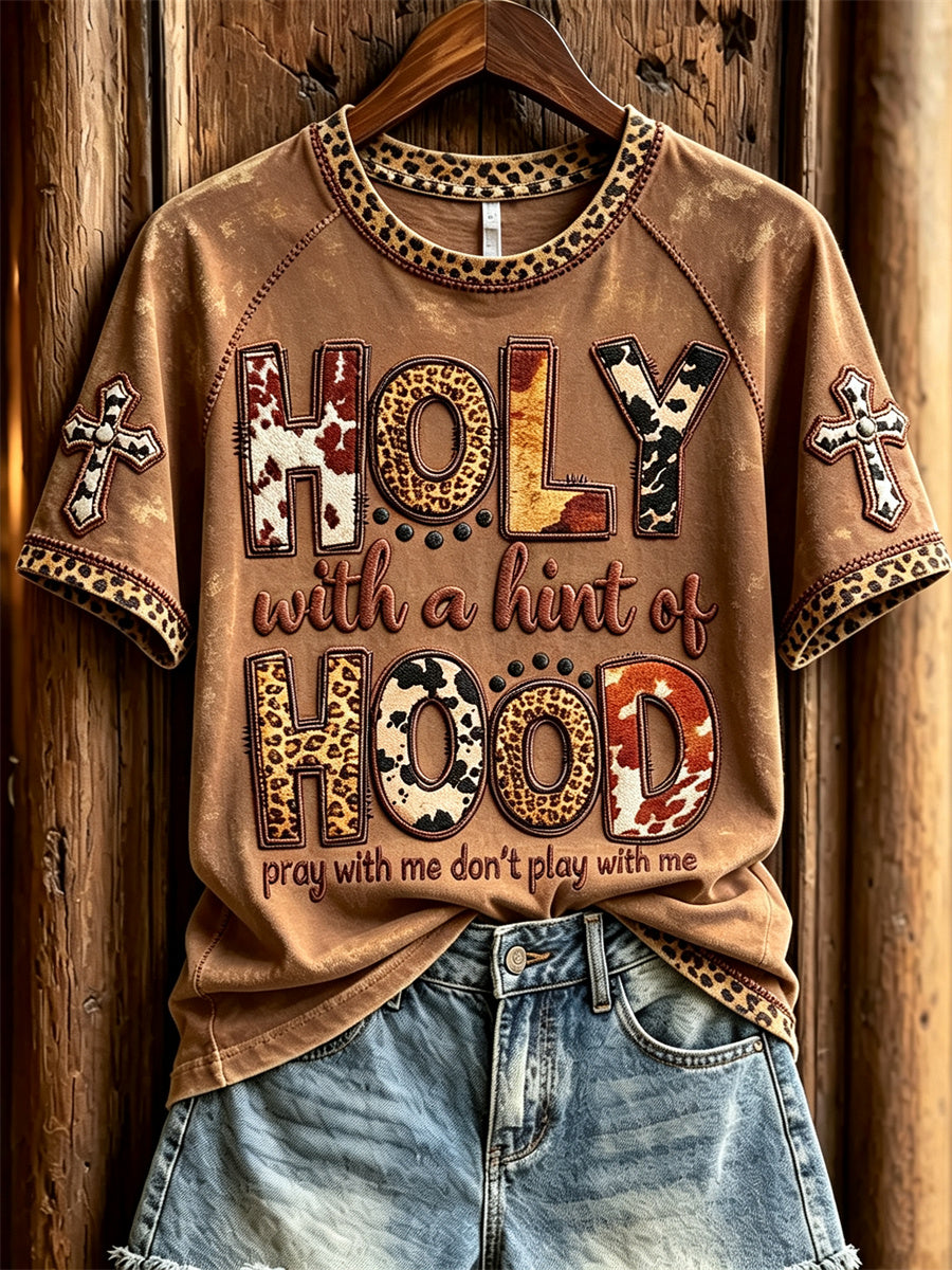 Women's Holy With A Hint Of Hood Cowhide Leopard Western Print short sleeve T-shirt