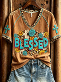 Women's Blessed Turquoise Cowhide Leopard Christian Western Print short-sleeved T-shirt