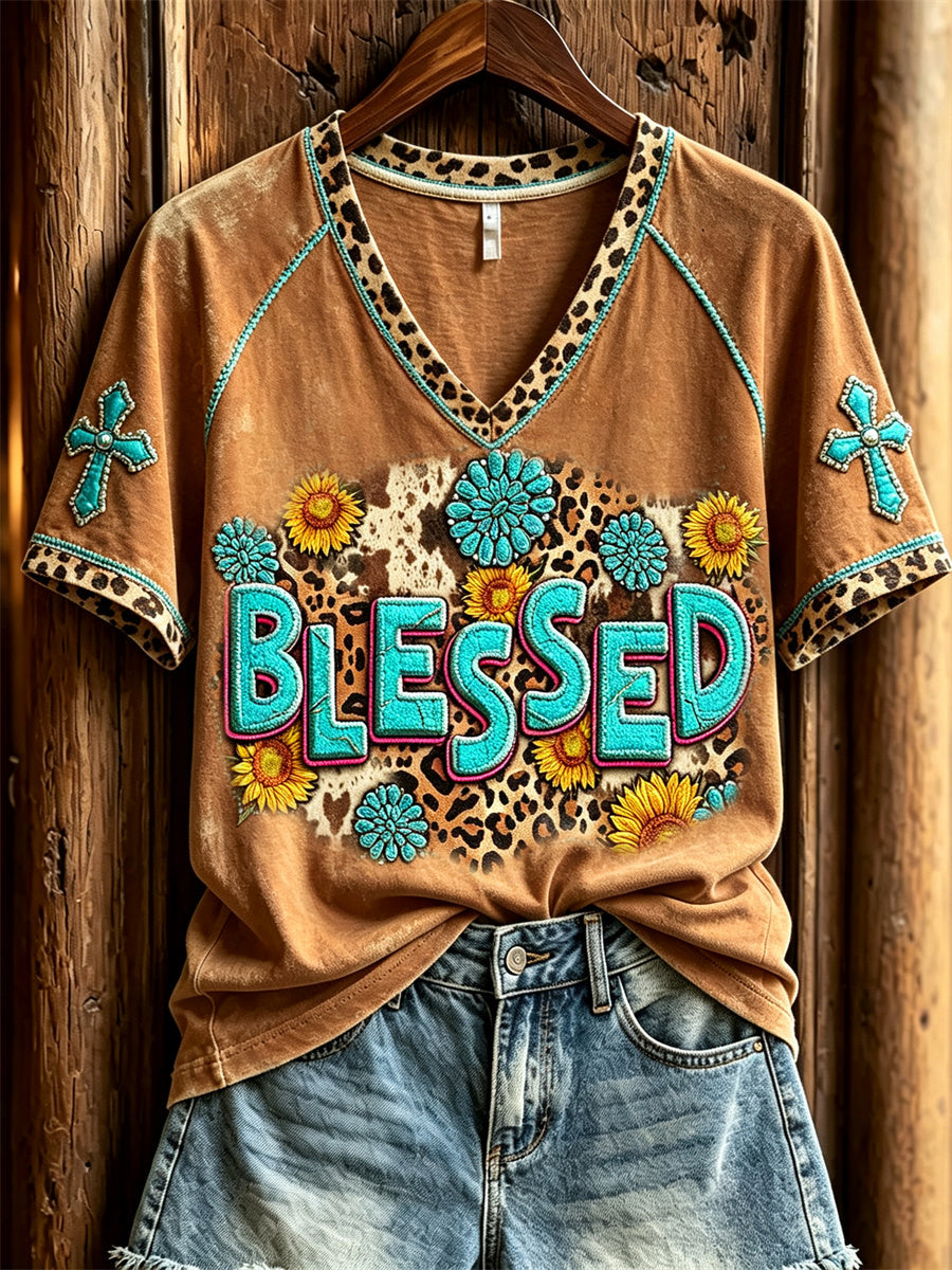 Women's Blessed Turquoise Cowhide Leopard Christian Western Print short-sleeved T-shirt