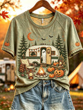 Women's Halloween Ghost Fall RV Camping Print short sleeve T-shirt