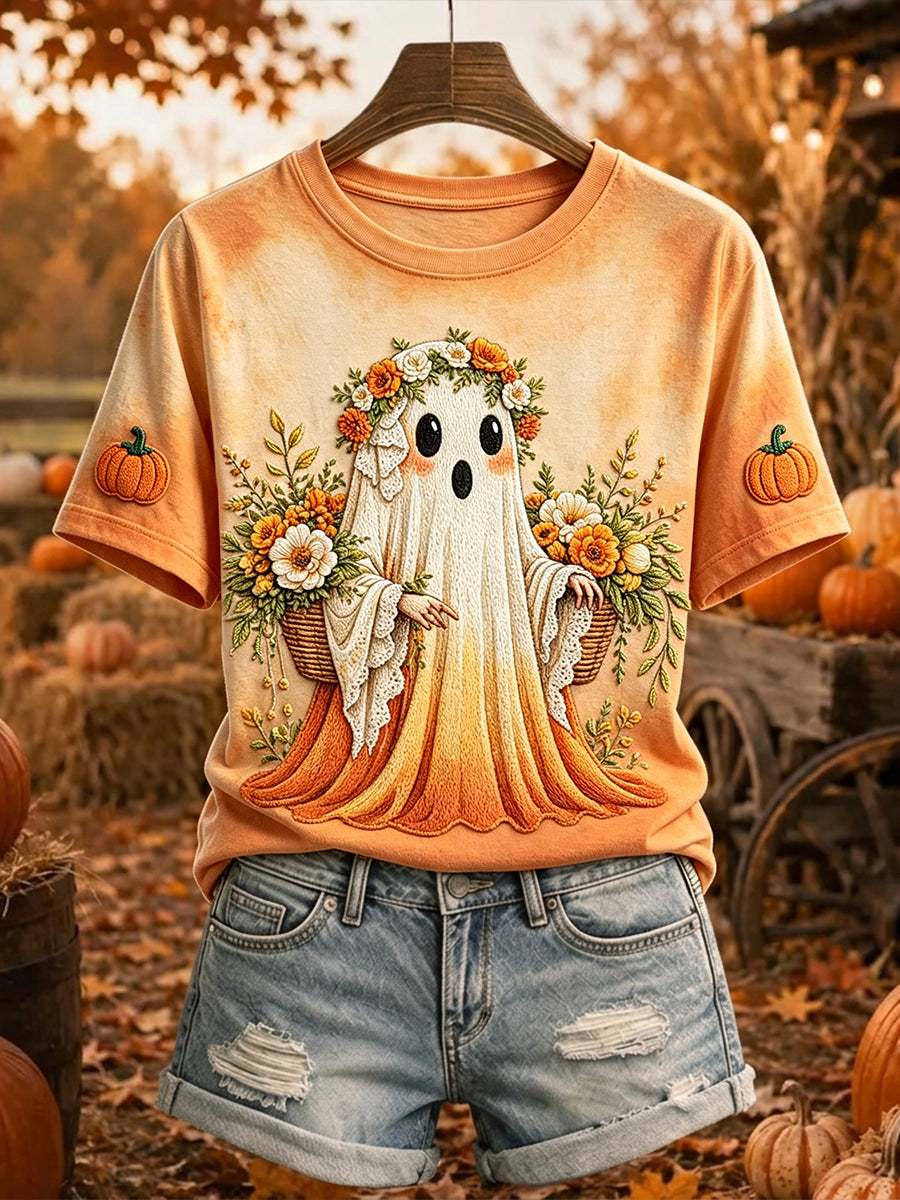 Women's Botanical Ghost Fall Art Print Cozy Short-sleeved T-shirt