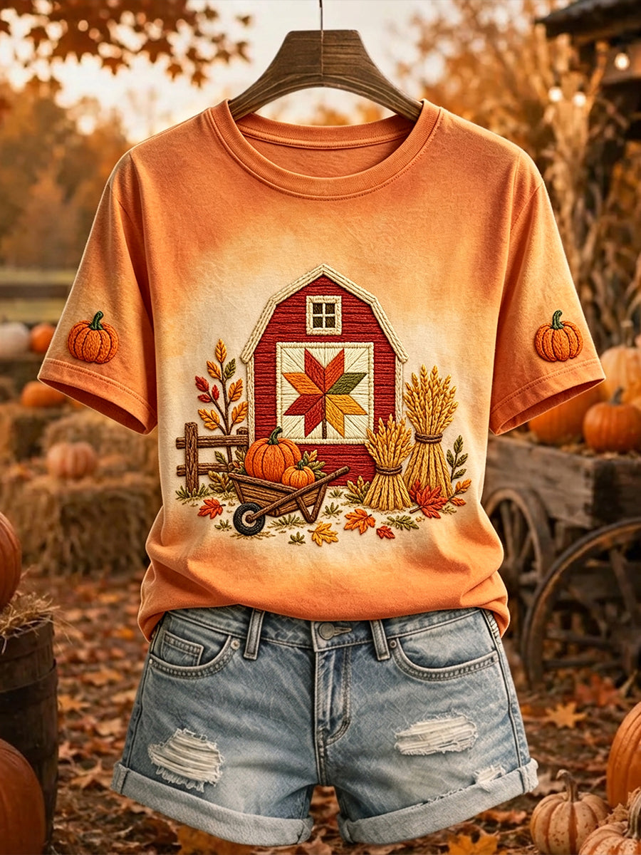 Women's Pumpkin Harvest Farm Fall Print Cozy Short-sleeved T-shirt
