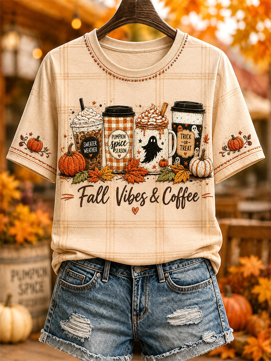 Women's Autumn Leaves & Coffee Please Print Casual Tee