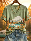 Women's Halloween Ghost RV Camping Fall Landscape Print short sleeve T-shirt