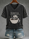 Women's "Depresso" Fun Skull Cafe Halloween Casual T-shirt