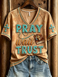 Women's Western Pray Wait Trust Print V-neck Short-sleeved T-shirt