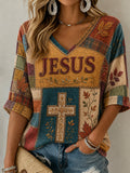 Women's Fall Jesus Cross Art Mid-length Sleeves V-Neck T-Shirt