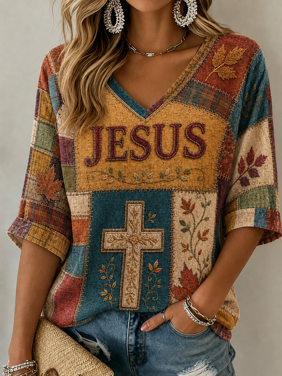 Women's Fall Jesus Cross Art Mid-length Sleeves V-Neck T-Shirt
