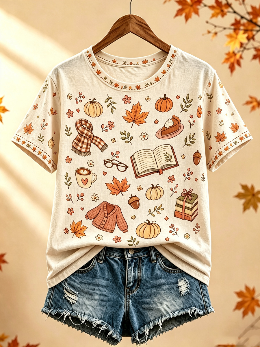 Women's Autumn maple leaf printed short-sleeved T-shirt