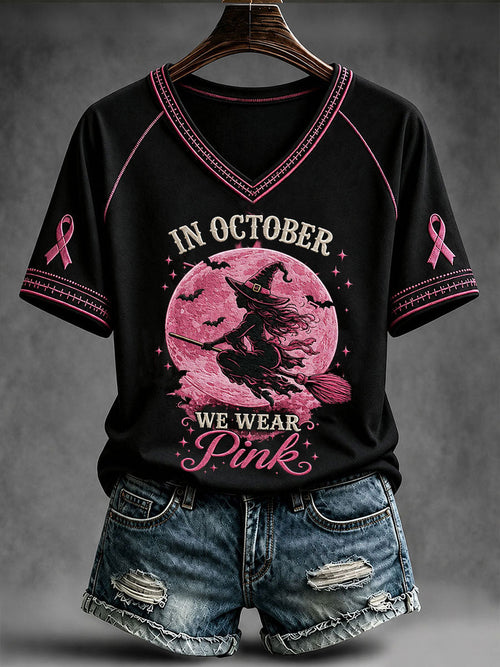 Women's In October We Wear Pink Witch V-neck T-shirt