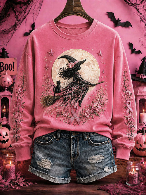 Women's Breast Cancer Awareness Halloween Witch-Themed Casual Regular Sweatshirt