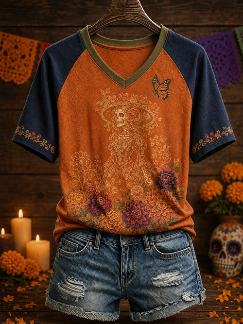 Women's Mexico Day of The Dead Floral Art Printed T-Shirt