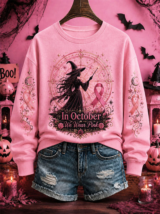 Women's Breast Cancer Awareness Halloween Witch-Themed Casual Regular Sweatshirt